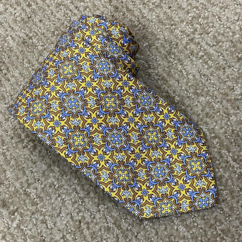 Hart Schaffner Marx Silk Tie Yellow Blue Geometric 3" Made‎ in Italy EUC